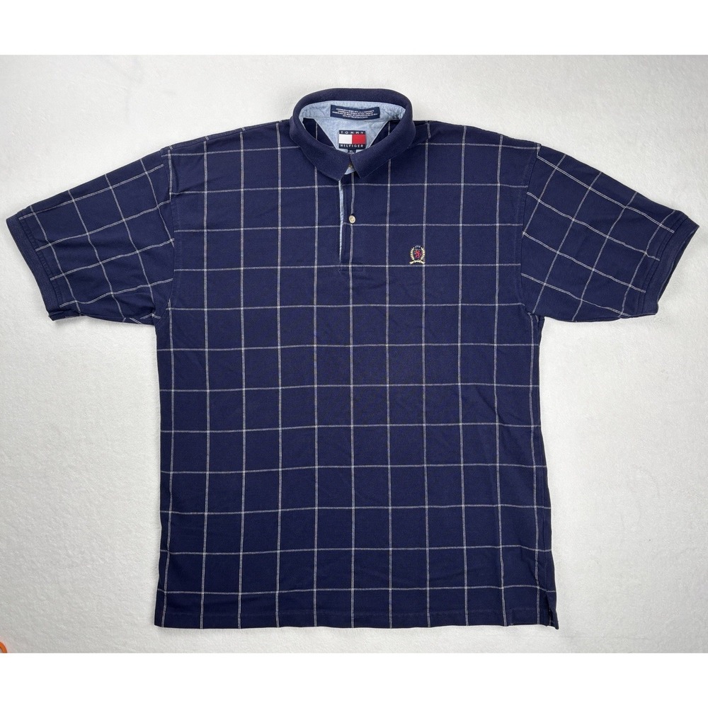 Tommy Hilfiger Polo Shirt Vintage Blue Windowpane Check Logo Crest Size XL